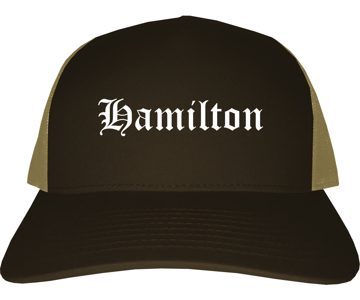 Hamilton Alabama AL Old English Mens Trucker Hat Cap Brown