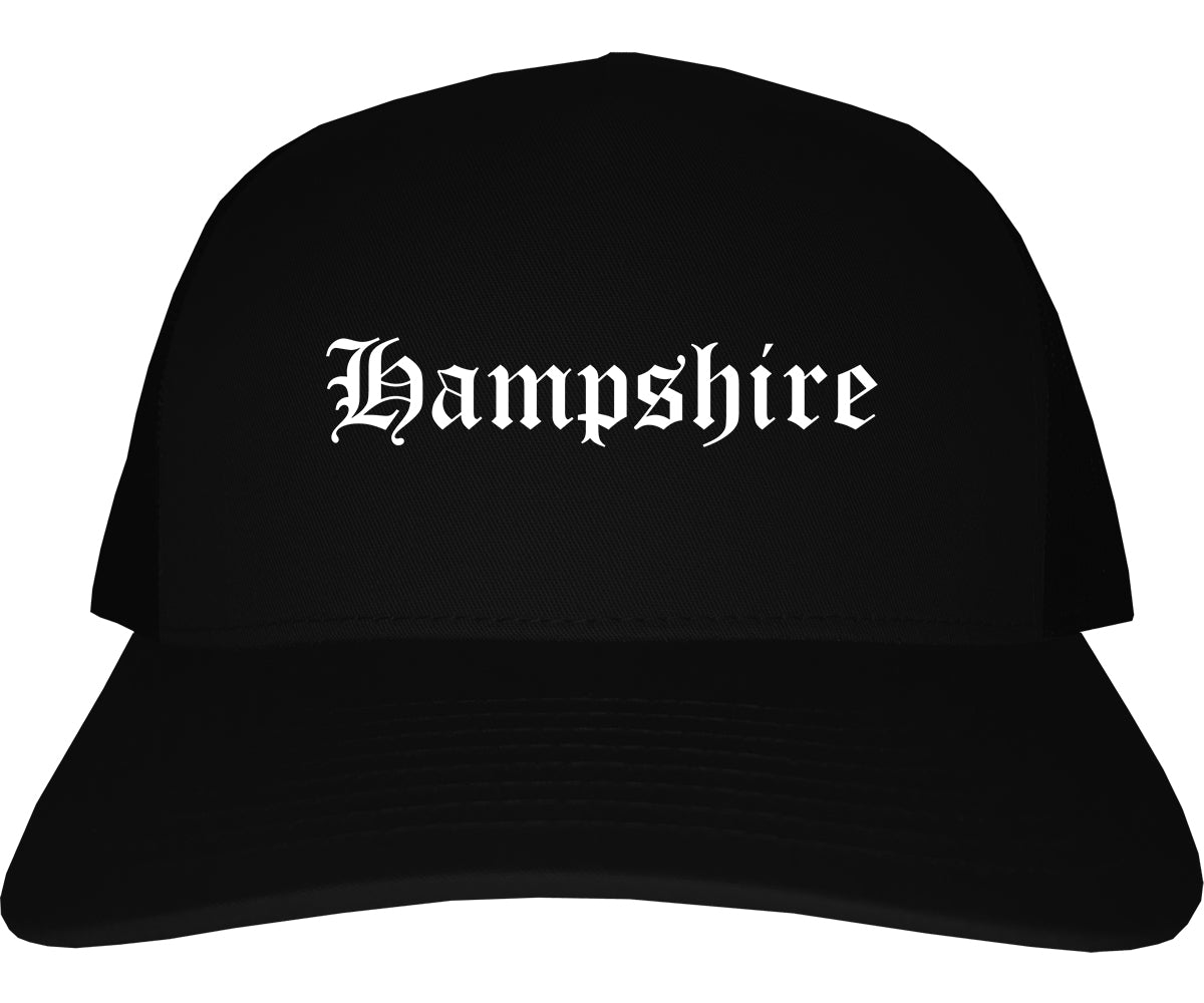 Hampshire Illinois IL Old English Mens Trucker Hat Cap Black