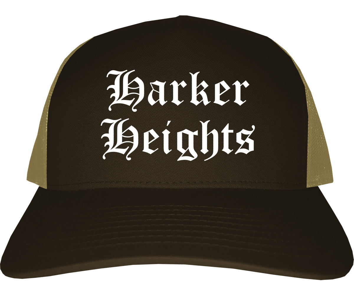 Harker Heights Texas TX Old English Mens Trucker Hat Cap Brown