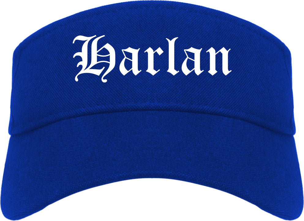 Harlan Iowa IA Old English Mens Visor Cap Hat Royal Blue