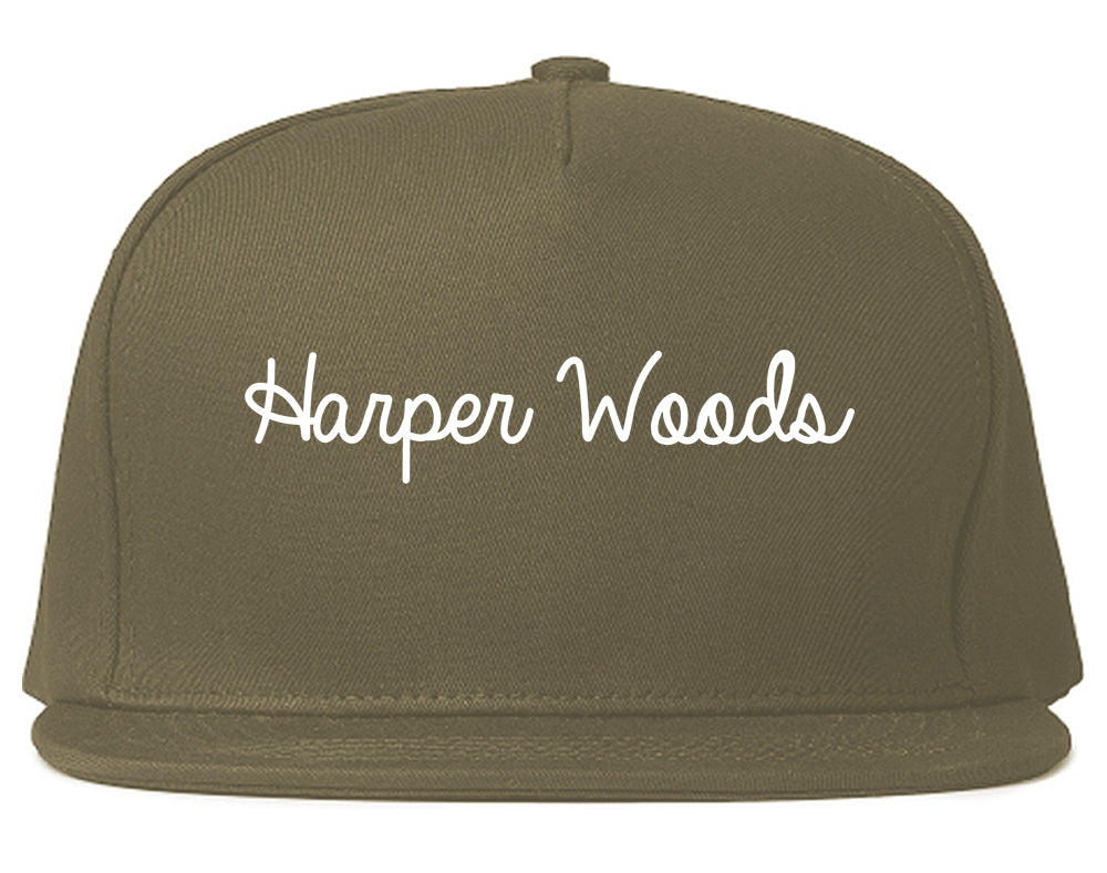 Harper Woods Michigan MI Script Mens Snapback Hat Grey
