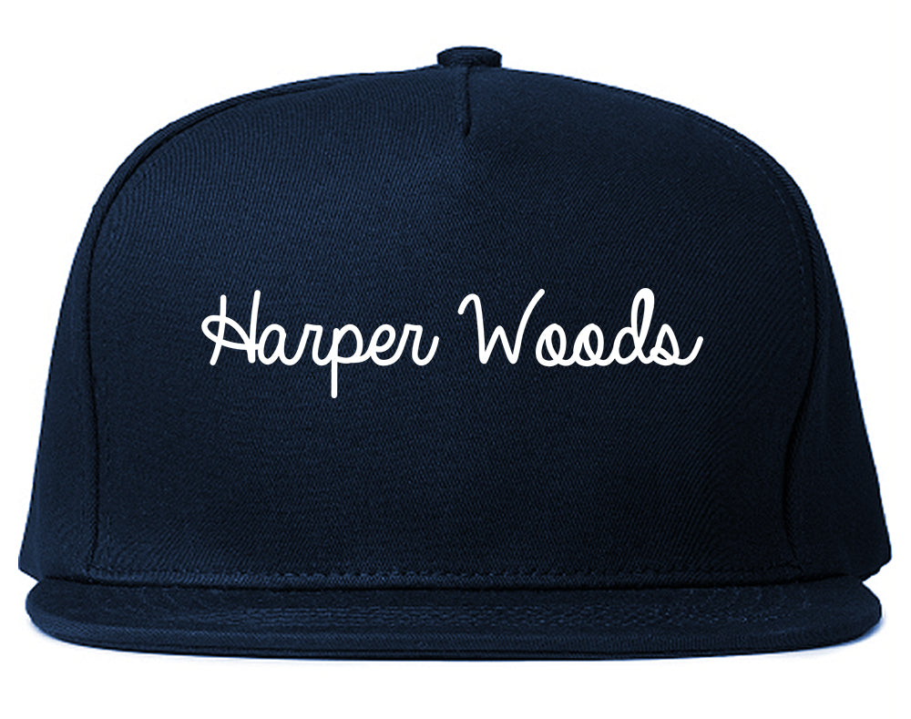 Harper Woods Michigan MI Script Mens Snapback Hat Navy Blue