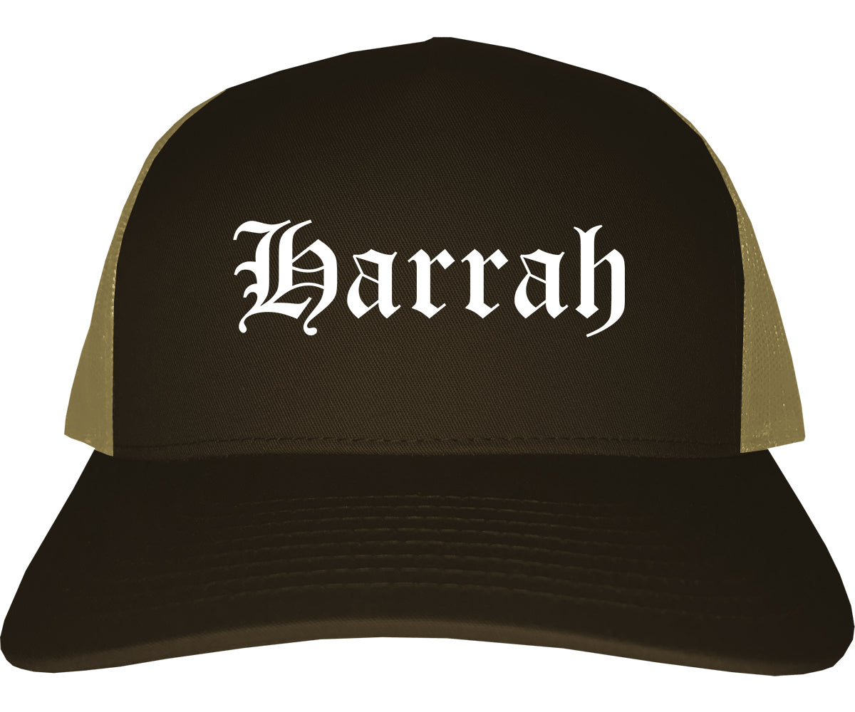 Harrah Oklahoma OK Old English Mens Trucker Hat Cap Brown
