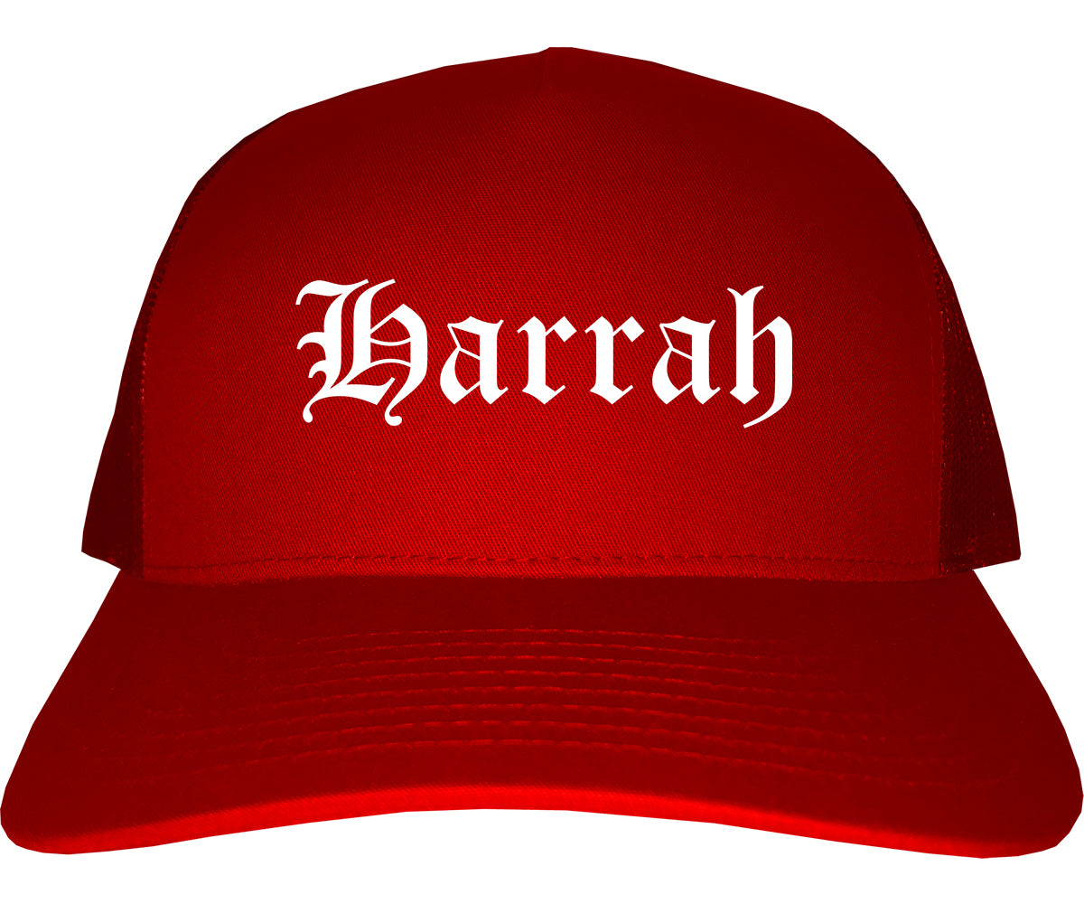 Harrah Oklahoma OK Old English Mens Trucker Hat Cap Red