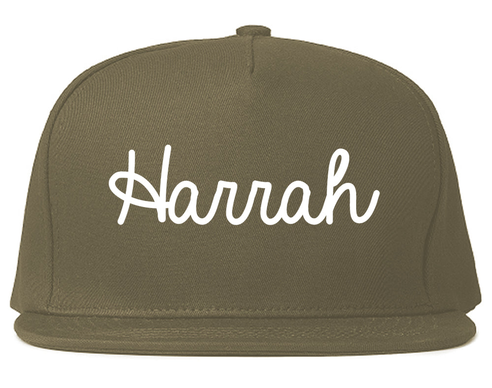 Harrah Oklahoma OK Script Mens Snapback Hat Grey