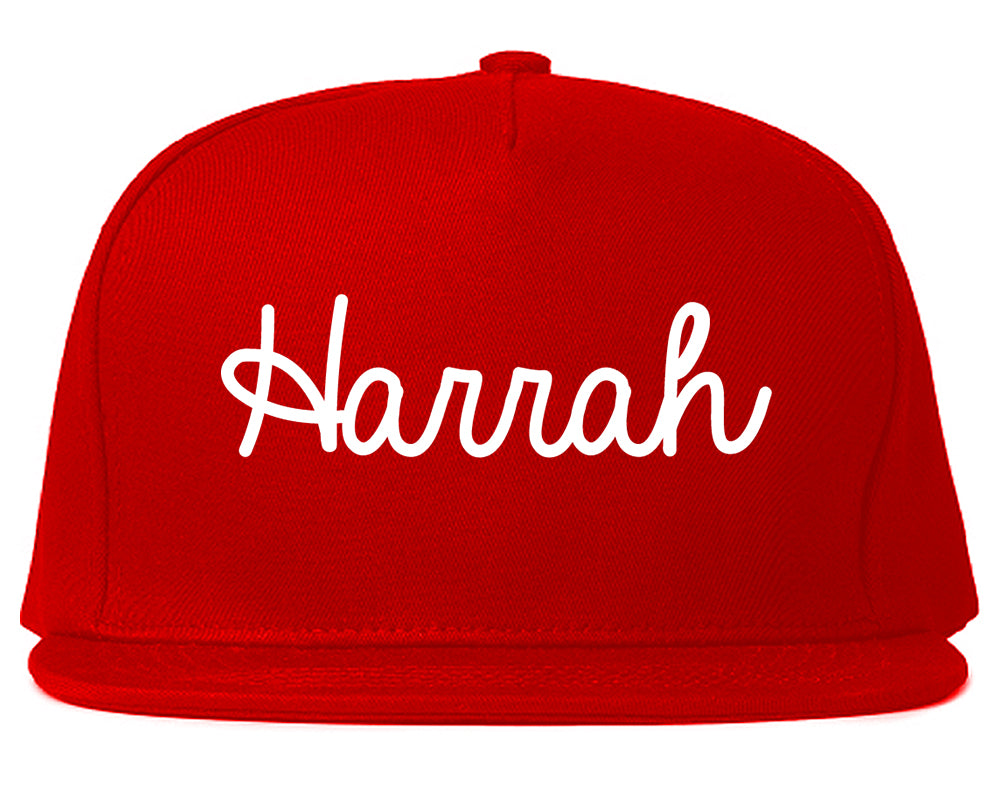 Harrah Oklahoma OK Script Mens Snapback Hat Red