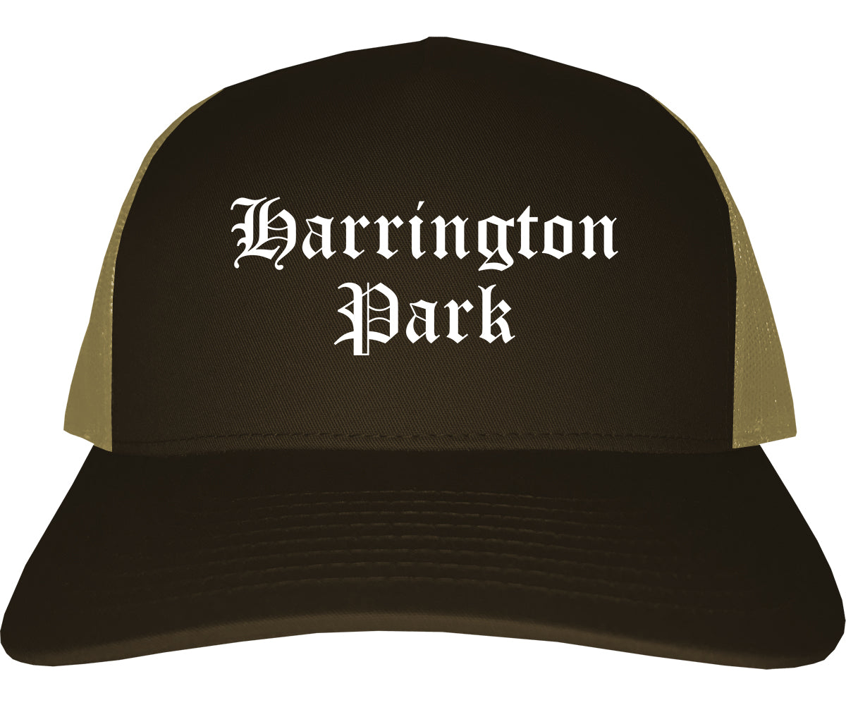 Harrington Park New Jersey NJ Old English Mens Trucker Hat Cap Brown