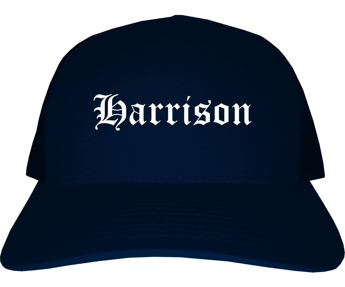Harrison New Jersey NJ Old English Mens Trucker Hat Cap Navy Blue