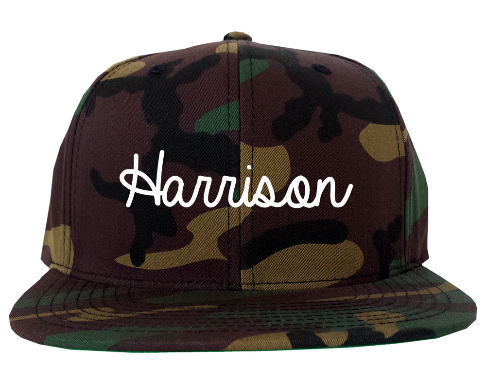Harrison New Jersey NJ Script Mens Snapback Hat Army Camo