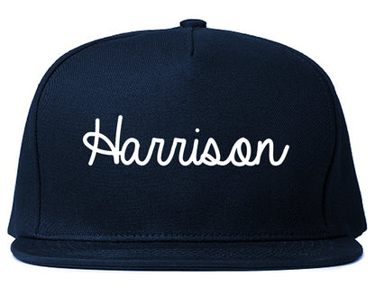 Harrison New Jersey NJ Script Mens Snapback Hat Navy Blue