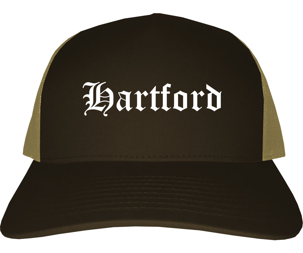 Hartford Wisconsin WI Old English Mens Trucker Hat Cap Brown