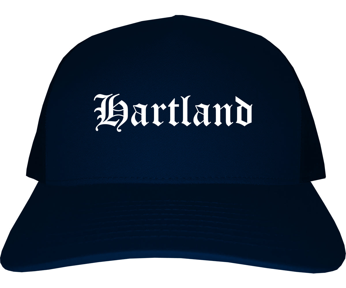 Hartland Wisconsin WI Old English Mens Trucker Hat Cap Navy Blue