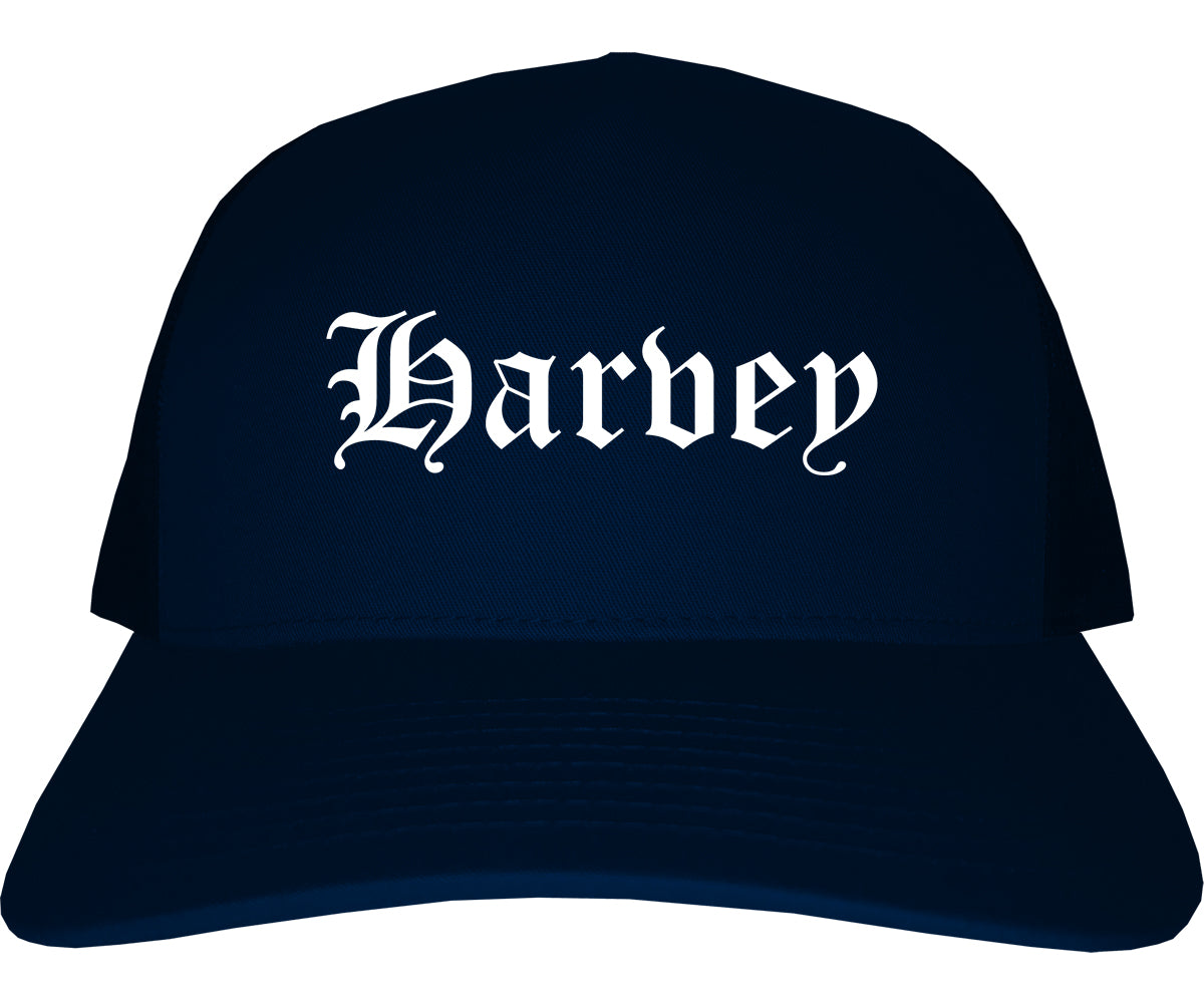 Harvey Illinois IL Old English Mens Trucker Hat Cap Navy Blue