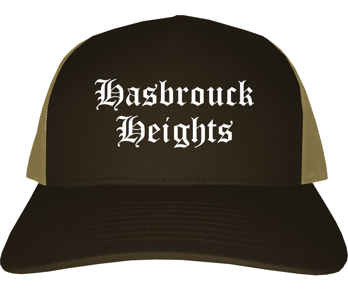 Hasbrouck Heights New Jersey NJ Old English Mens Trucker Hat Cap Brown