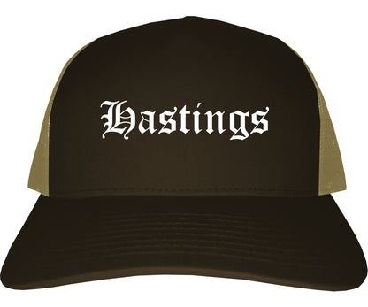 Hastings Nebraska NE Old English Mens Trucker Hat Cap Brown