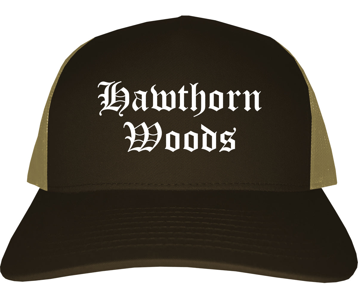 Hawthorn Woods Illinois IL Old English Mens Trucker Hat Cap Brown