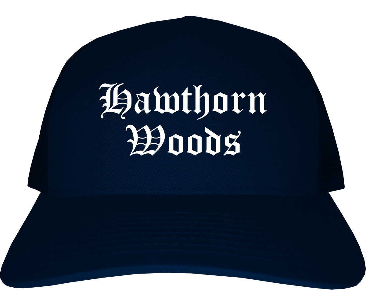 Hawthorn Woods Illinois IL Old English Mens Trucker Hat Cap Navy Blue