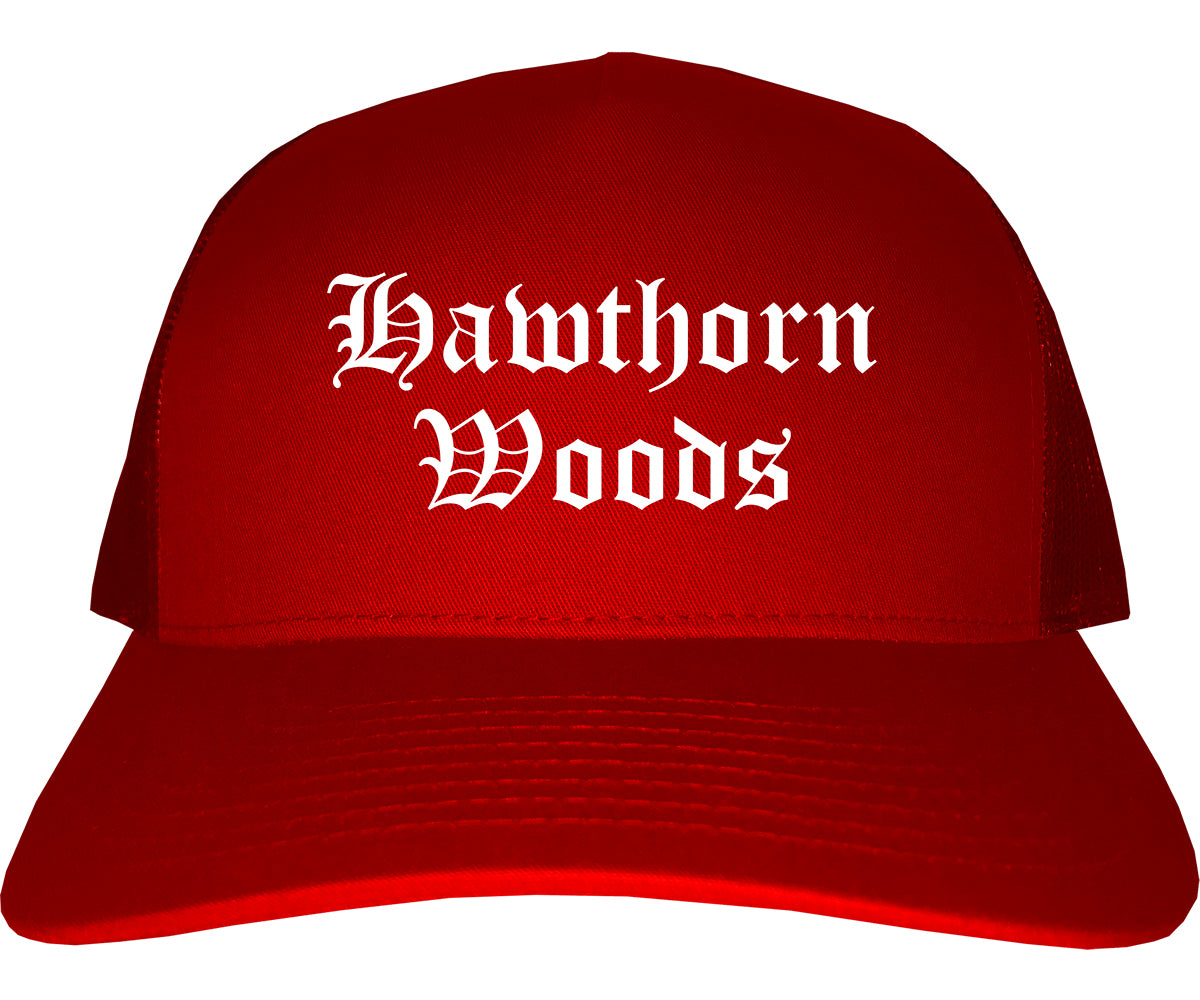 Hawthorn Woods Illinois IL Old English Mens Trucker Hat Cap Red