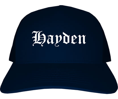 Hayden Idaho ID Old English Mens Trucker Hat Cap Navy Blue