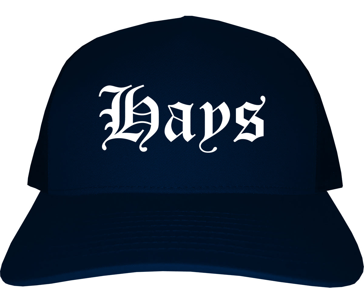 Hays Kansas KS Old English Mens Trucker Hat Cap Navy Blue