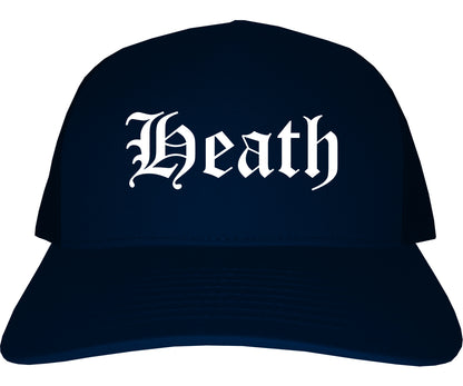 Heath Ohio OH Old English Mens Trucker Hat Cap Navy Blue