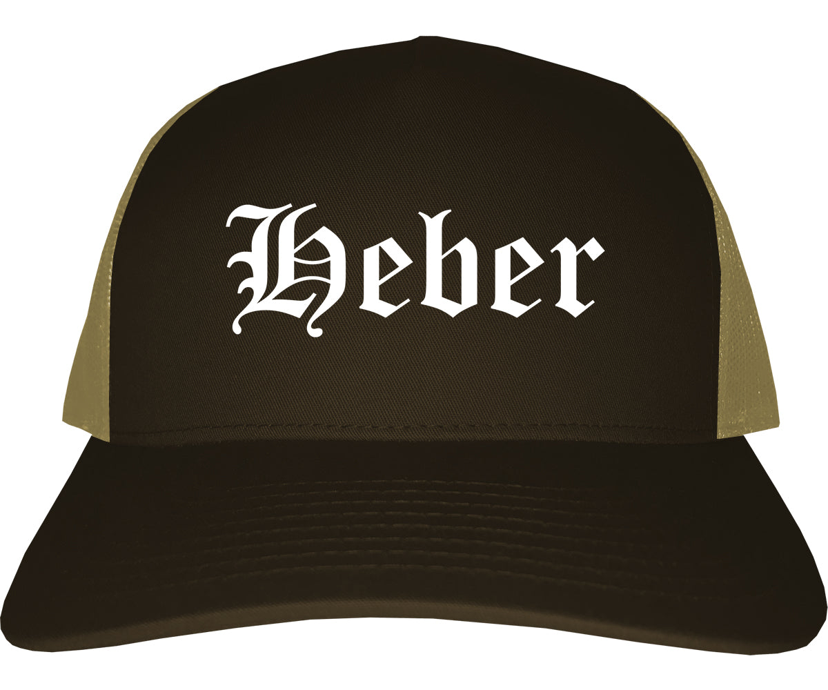 Heber Utah UT Old English Mens Trucker Hat Cap Brown