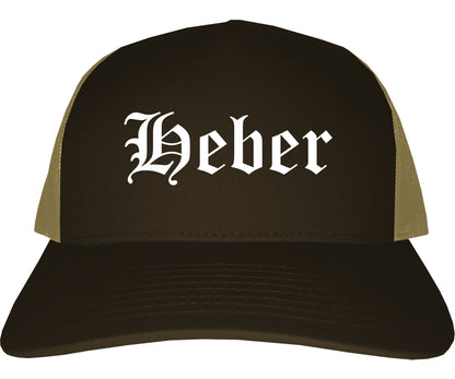 Heber Utah UT Old English Mens Trucker Hat Cap Brown