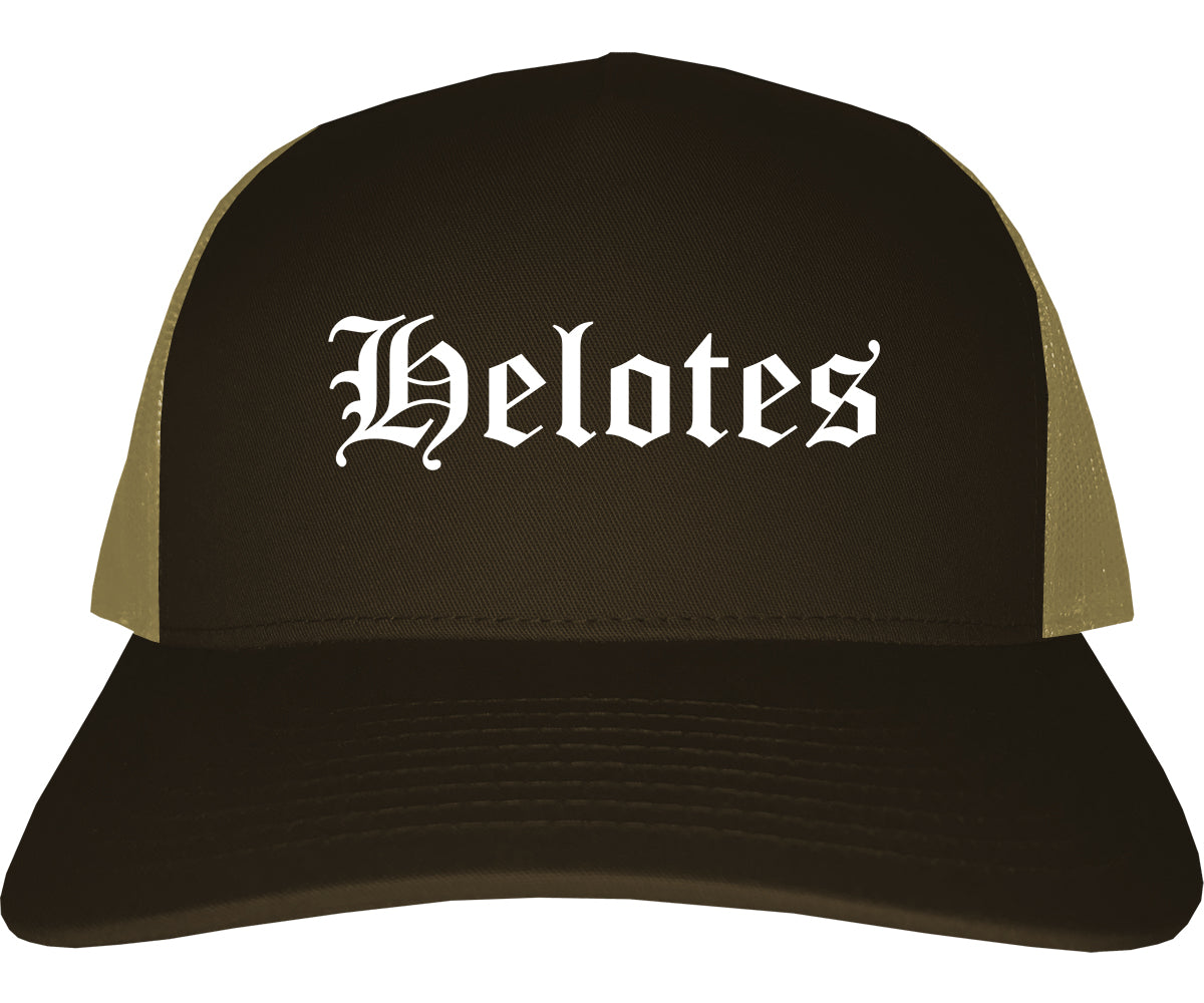 Helotes Texas TX Old English Mens Trucker Hat Cap Brown