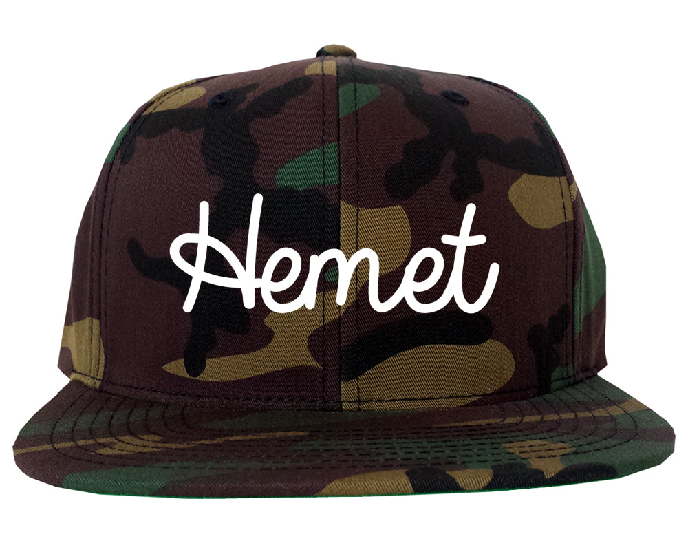 Hemet California CA Script Mens Snapback Hat Army Camo