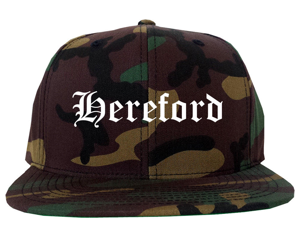 Hereford Texas TX Old English Mens Snapback Hat Army Camo