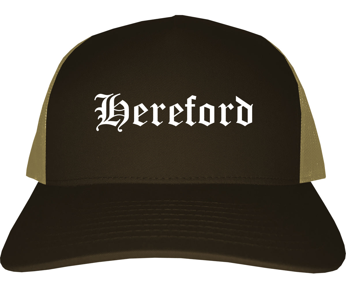 Hereford Texas TX Old English Mens Trucker Hat Cap Brown