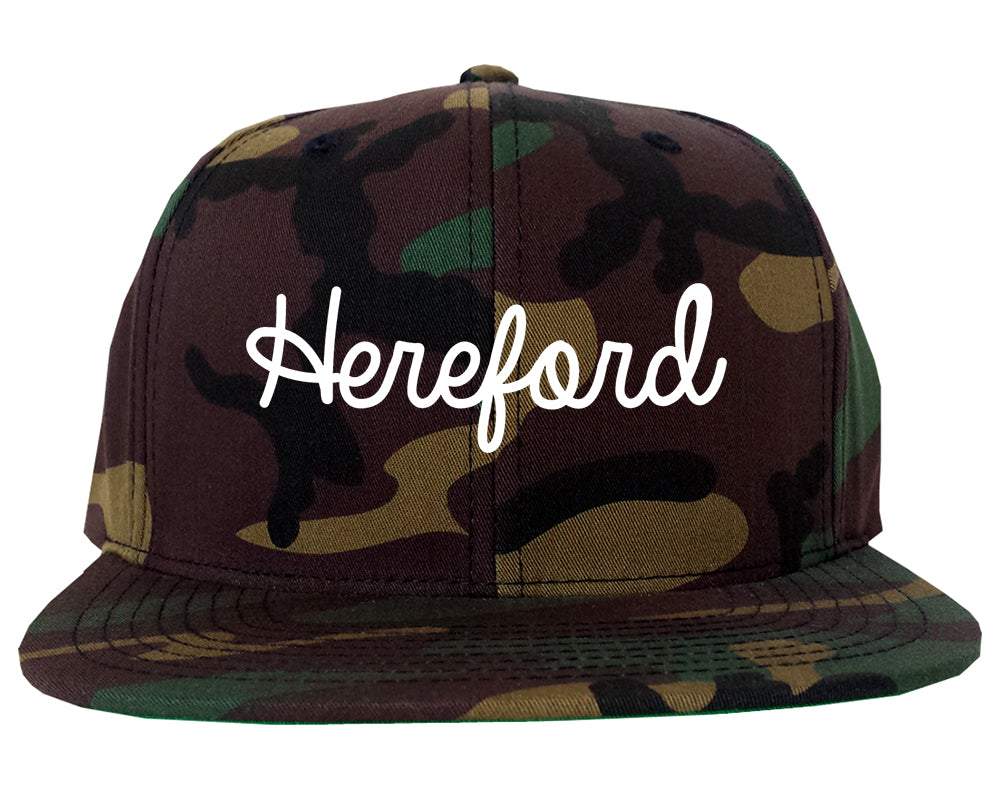 Hereford Texas TX Script Mens Snapback Hat Army Camo
