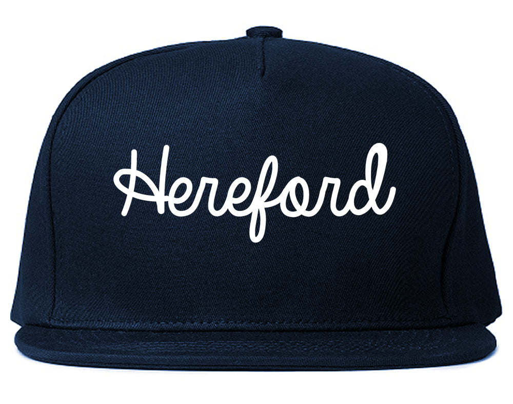Hereford Texas TX Script Mens Snapback Hat Navy Blue