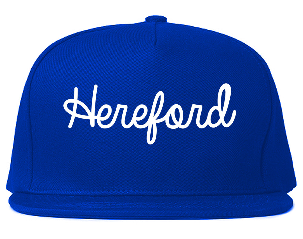 Hereford Texas TX Script Mens Snapback Hat Royal Blue