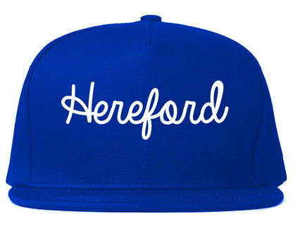 Hereford Texas TX Script Mens Snapback Hat Royal Blue