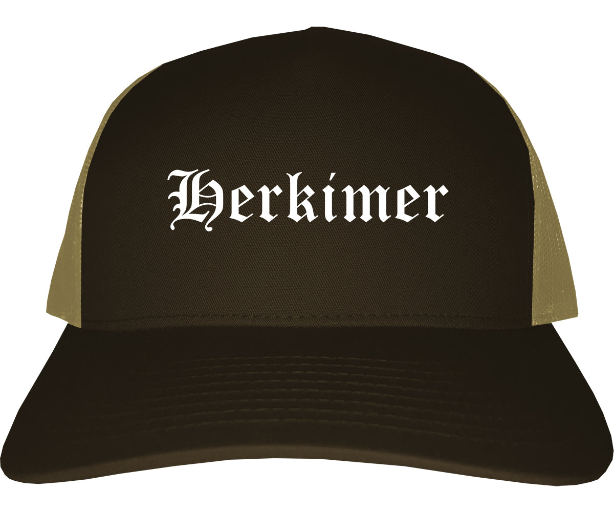 Herkimer New York NY Old English Mens Trucker Hat Cap Brown