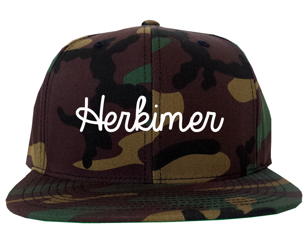 Herkimer New York NY Script Mens Snapback Hat Army Camo