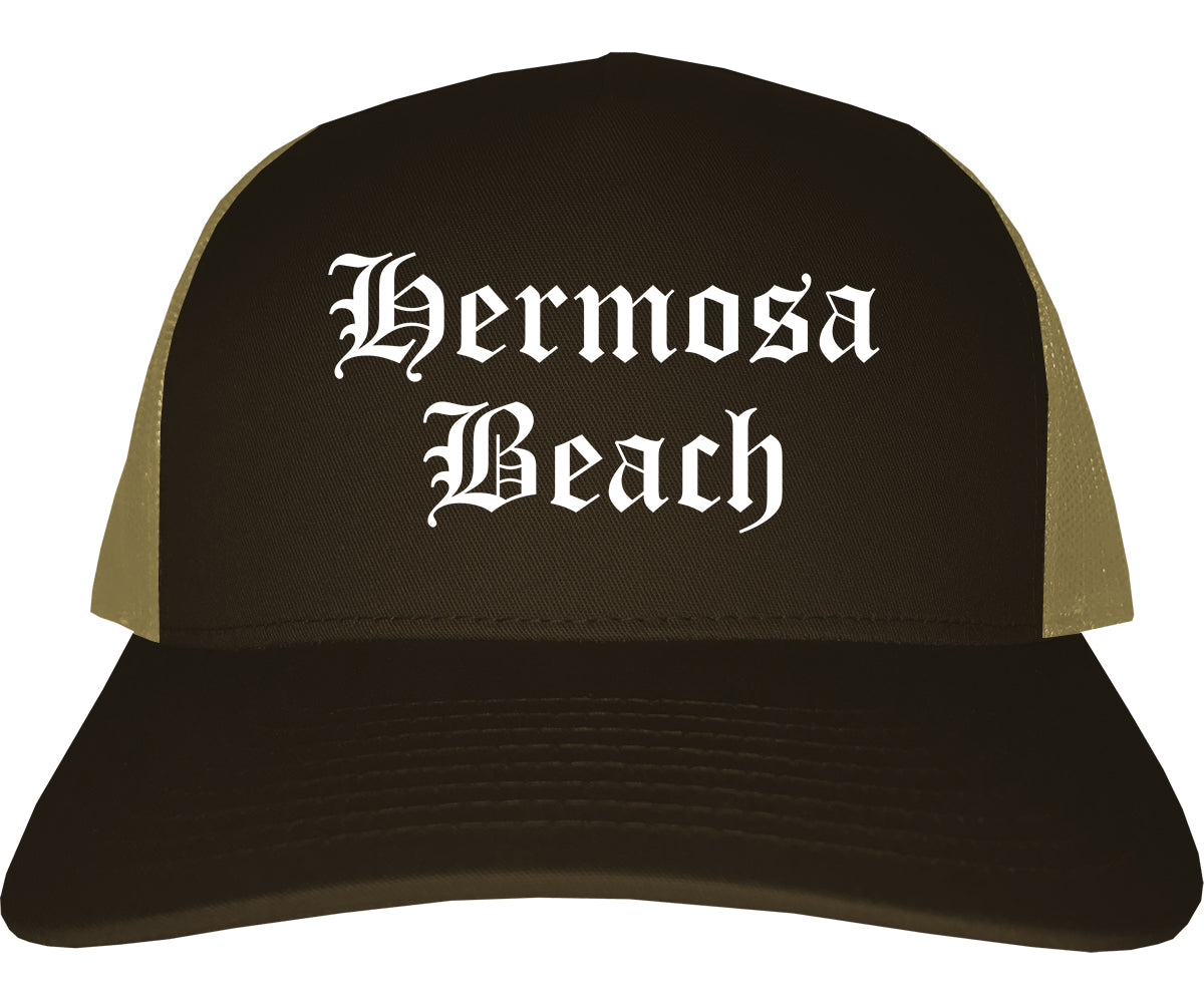 Hermosa Beach California CA Old English Mens Trucker Hat Cap Brown