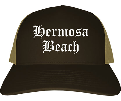 Hermosa Beach California CA Old English Mens Trucker Hat Cap Brown
