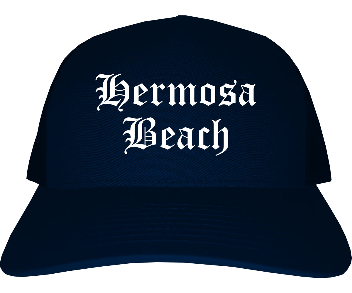 Hermosa Beach California CA Old English Mens Trucker Hat Cap Navy Blue