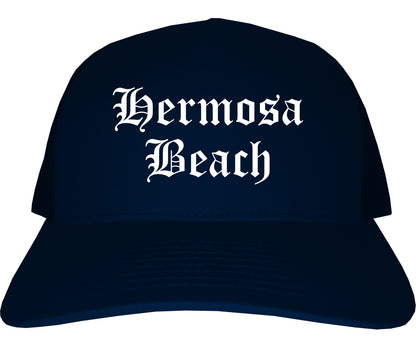 Hermosa Beach California CA Old English Mens Trucker Hat Cap Navy Blue