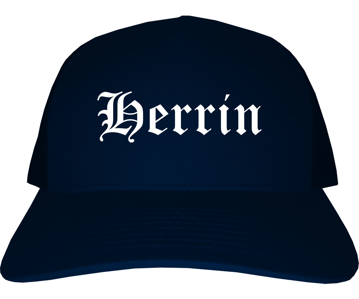 Herrin Illinois IL Old English Mens Trucker Hat Cap Navy Blue