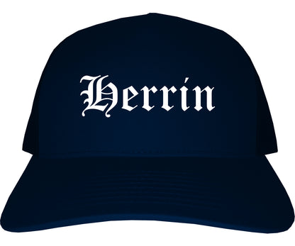 Herrin Illinois IL Old English Mens Trucker Hat Cap Navy Blue