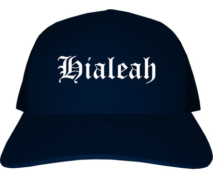 Hialeah Florida FL Old English Mens Trucker Hat Cap Navy Blue
