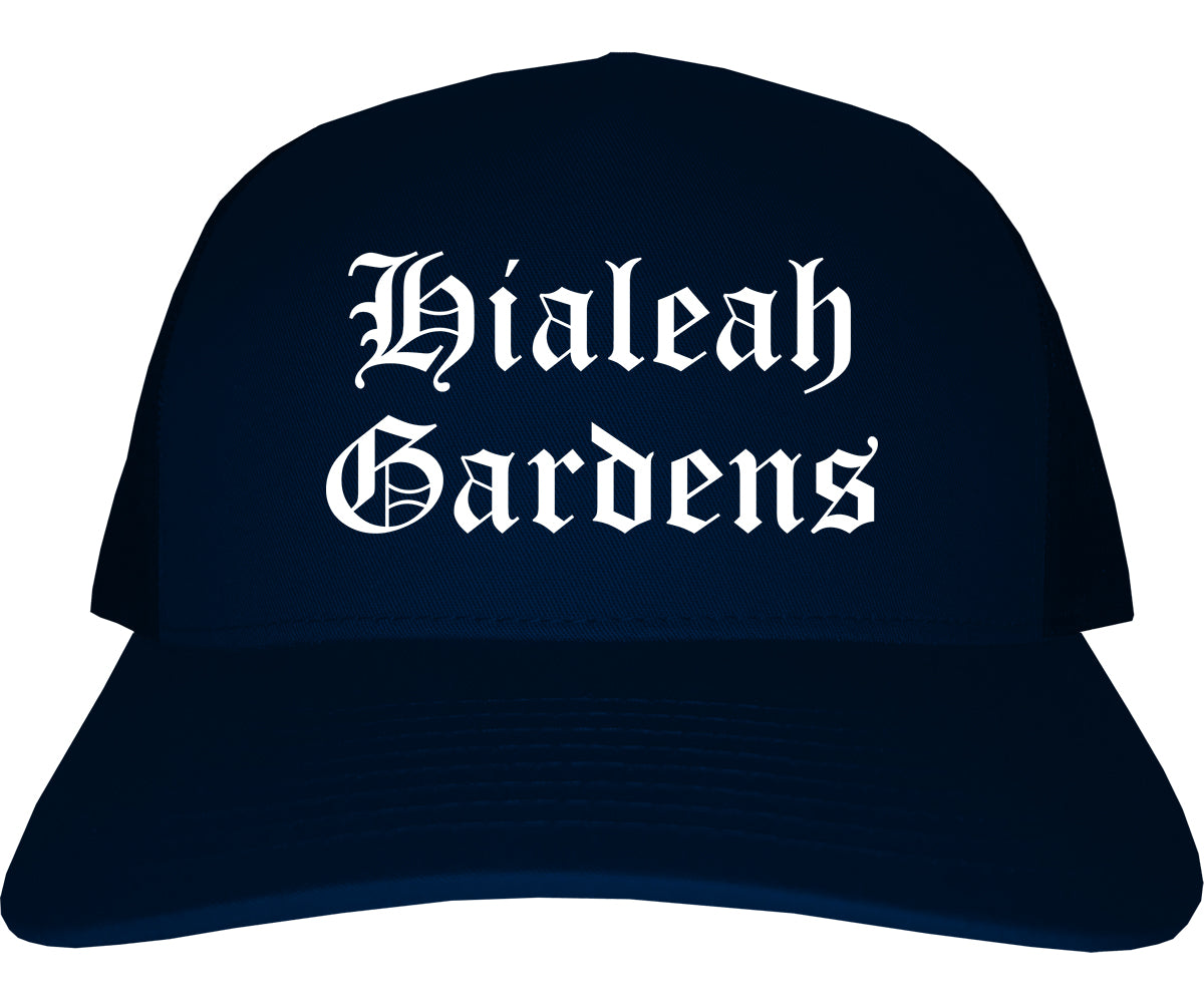 Hialeah Gardens Florida FL Old English Mens Trucker Hat Cap Navy Blue