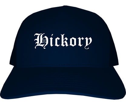 Hickory North Carolina NC Old English Mens Trucker Hat Cap Navy Blue