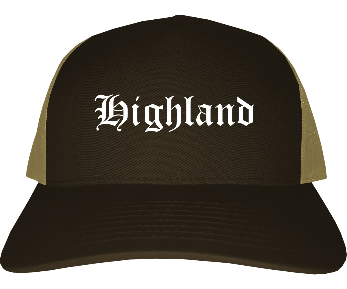 Highland Illinois IL Old English Mens Trucker Hat Cap Brown