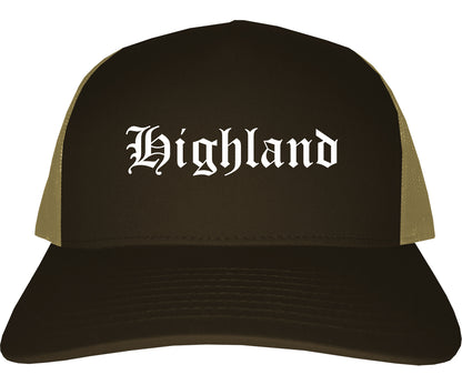 Highland Illinois IL Old English Mens Trucker Hat Cap Brown