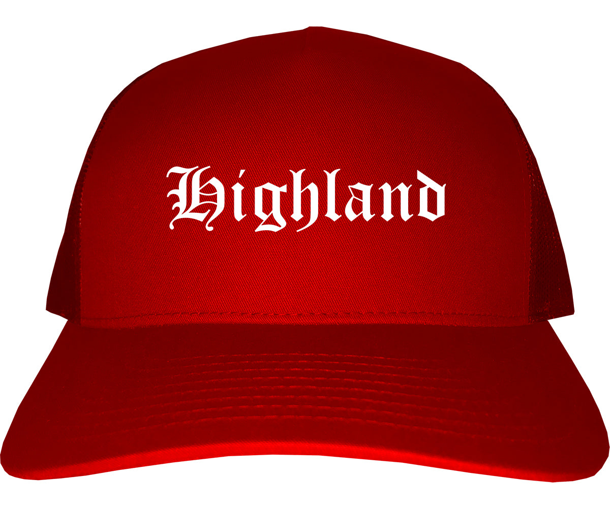Highland Illinois IL Old English Mens Trucker Hat Cap Red