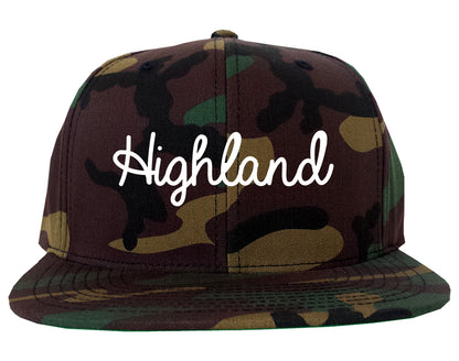 Highland Illinois IL Script Mens Snapback Hat Army Camo